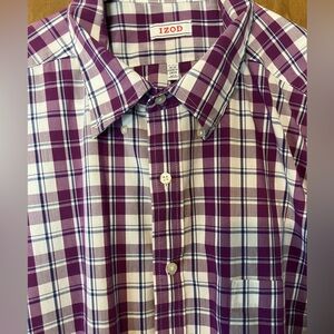 IZOD Men's long sleeve dress shirt size eggplant plaid 17-17.5 34/35